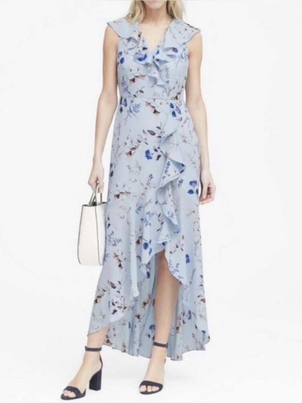 Banana Republic Light Blue Floral Ruffle Asymmetric Faux Wrap Maxi Dress Size 4